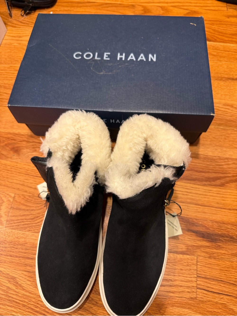 Cole Haan Black Suede Shearling-Trim high top sneakers/ booties 6.5